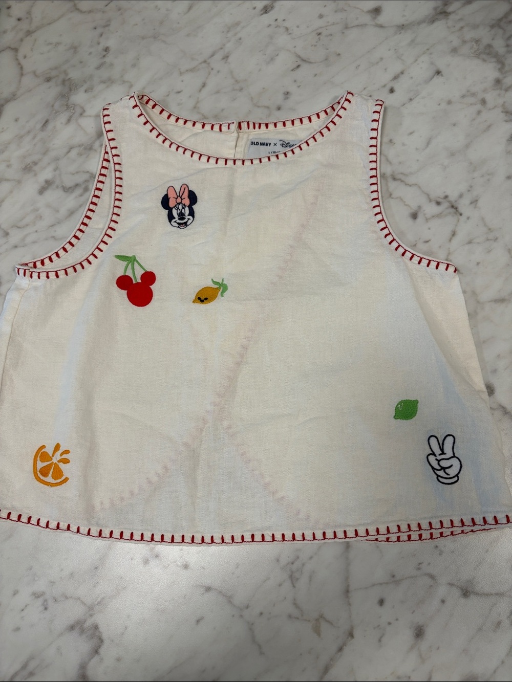 Old Navy White Tank Top with Minnie Mouse & Fruit Embroidery